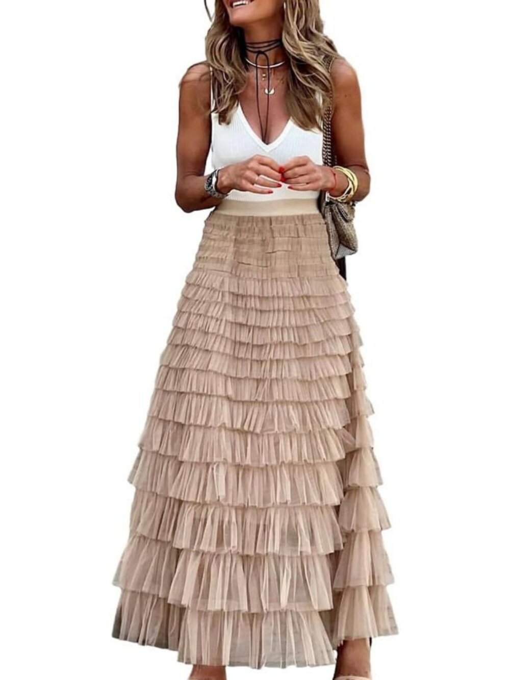 Trendy High Waisted Long Tulle Skirt for Women - Fluffy A-Line Layered Ruffle